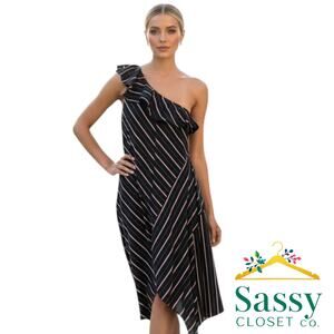 VINCE CAMUTO Striped One Shoulder Asymmetric Midi Dress 8 Handkerchief Hem EUC
